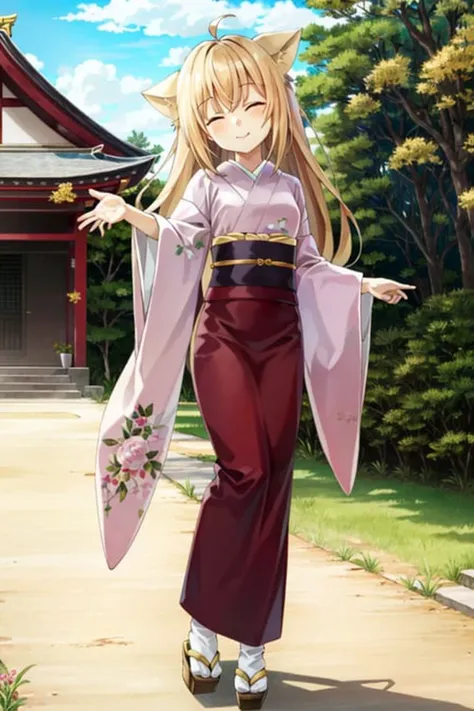 <lora:Yuzu:1>, Yuzu, 1girl, solo, outstretched arm, pagoda, smile, closed eyes, head tilt, full body, in front of house, masterpiece, best quality,