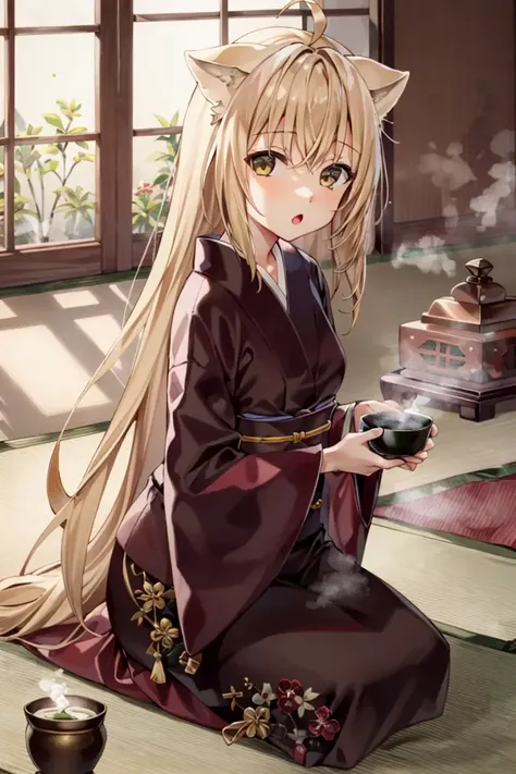 <lora:Yuzu:1>, Yuzu, 1girl, solo, sitting, holding, (Yunomi), green tea, steaming, :o, from side, kotatsu, seiza, masterpiece, best quality,