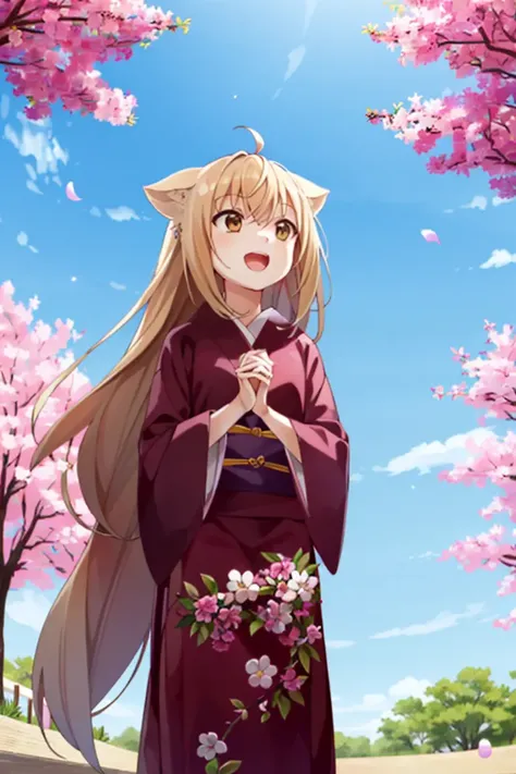 <lora:Yuzu:1>, Yuzu, 1girl, solo, cherry blossoms, excited, :D, (looking up:1.2), (looking away:1.5), petals, (facing up:1.5), from below, full body, masterpiece, best quality,