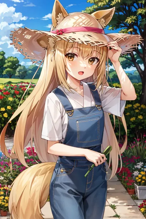 <lora:Yuzu:1>, Yuzu, 1girl, solo, (sun hat), ((ears through headwear)), fox tail, denim overall, gardening, masterpiece, best quality,
