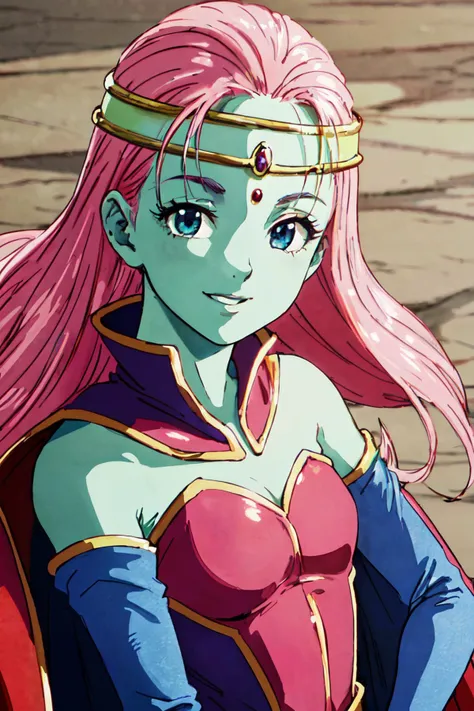 ((masterpiece,best quality)), absurdres,
<lora:Caway_DB:0.7>, Caway_DB, green skin, long pink hair,
solo, smiling, looking at viewer, cowboy shot,
cinematic composition, dynamic pose,