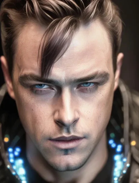 (Award Winning Photo:1.3) of (Masterpiece:1.3),(Sad:1.3) close up photo, a man, cyberpunk, cybersuit <lora:Dane Dehaan:0.9>,Highly Detailed,(Cyberpunk Art:1.3),(80s Art:1.3),(Agfacolor:1.3),(close portrait:1.3),(Masculine:1.4),attractive,handsome,calendar pose,perfectly detailed eyes,studio lighting,thematic background