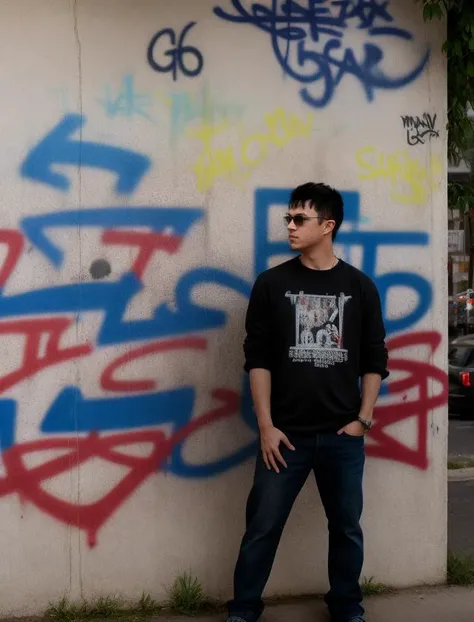 medium shot, photo, a man stands near a wall with graffiti, dirt on the street, grunge clothing style <lora:Dane Dehaan:0.9>