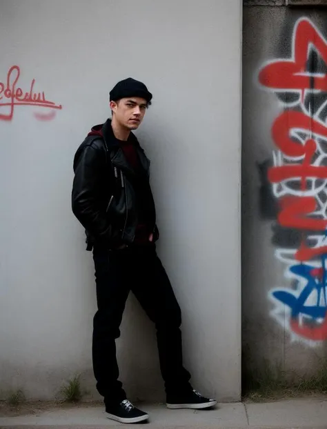 medium shot, photo, a man stands near a wall with graffiti, dirt on the street, grunge clothing style <lora:Dane Dehaan:0.9>