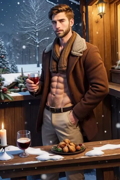 25 year old handsome man, manly, muscular, visible abs, brown short hair, short stubble beard, holding 2 cups of hot wine, standing next to small round wood table, Christmas market, winter, snow, cold, looking thoughtful to the camera, awaiting someone