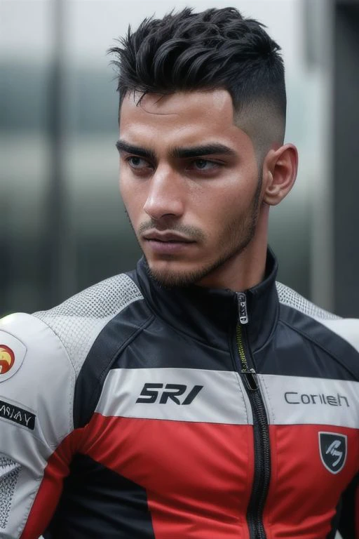 1man,Face of syahnk, fade  hairstyles, F1 RIDER SUIT , 8K UHD,  Handsome face