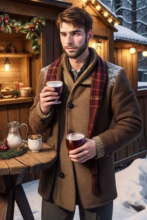 25 year old handsome man, manly, muscular, brown short hair, short stubble beard, holding 2 cups of hot wine, standing next to small round wood table, Christmas market, winter, snow, cold, looking thoughtful to the camera, awaiting someone