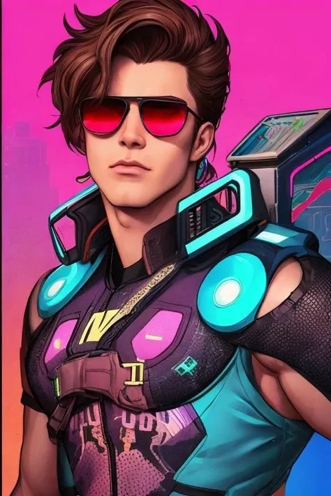 Futuristic-vaporwave, "vaporwave style handsome guy with sunglasses and brown hair. Retro aesthetic, cyberpunk, vibrant, neon colors, vintage 80s and 90s style, highly detailed."