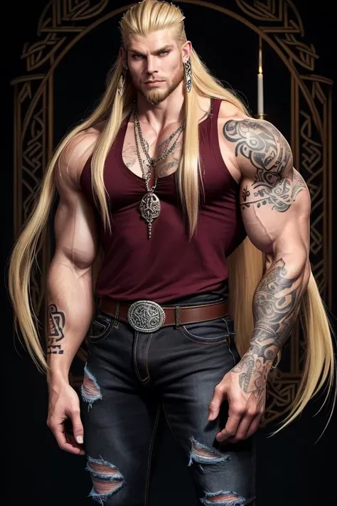 Full body image of a very muscular, tall, (handsome), strong ((25 year old)) male ((bodybuilder)) with ((very long straight blonde hair)), hazel eyes, ((skin-revealing burgundy t-shirt)), ((black ripped skinny jeans)), black combat boots, and a black leather belt. (Huge hairy pecs), fully clothed, huge arms. Big biceps. Big quads, VPL, Intricate. Homoerotic. Many rings, necklaces, and jewelry. (Eyeliner), Intimidating pose. Gothic mansion background. ((Many piercings and tattoos.)) Photorealistic. Ultradetailed. ((Viking aesthetic)), Looking at viewer. Sharp focus. (Masculine)