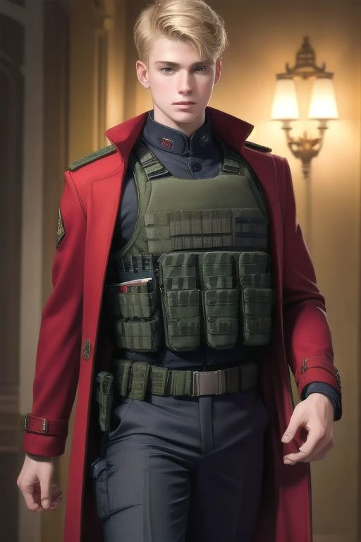 1 man, portrait of an 18-year-old blonde guy in a bulletproof vest and red overcoat, extremely detailed, highest detailed, masterpiece, best quality, high quality, highres, ultra highres, ultra details, finely detail,extremely detailed,real shadow, highly detailed