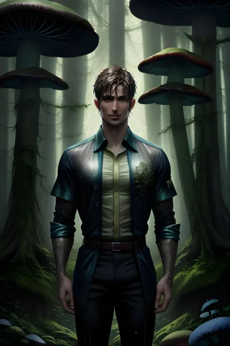 Ranger, dark forest, mushroom forest, weird trees, fantasy mushrooms, handsome, wet poet shirt, see through shirt, full body portrait, fantasy, epic, accurate, high quality, Detailed and Intricate, Visual Novel, Beautiful Lighting, Detailed and Intricate, Visual Novel, Beautiful Lighting, Detailed and Intricate, Visual Novel, Beautiful Lighting