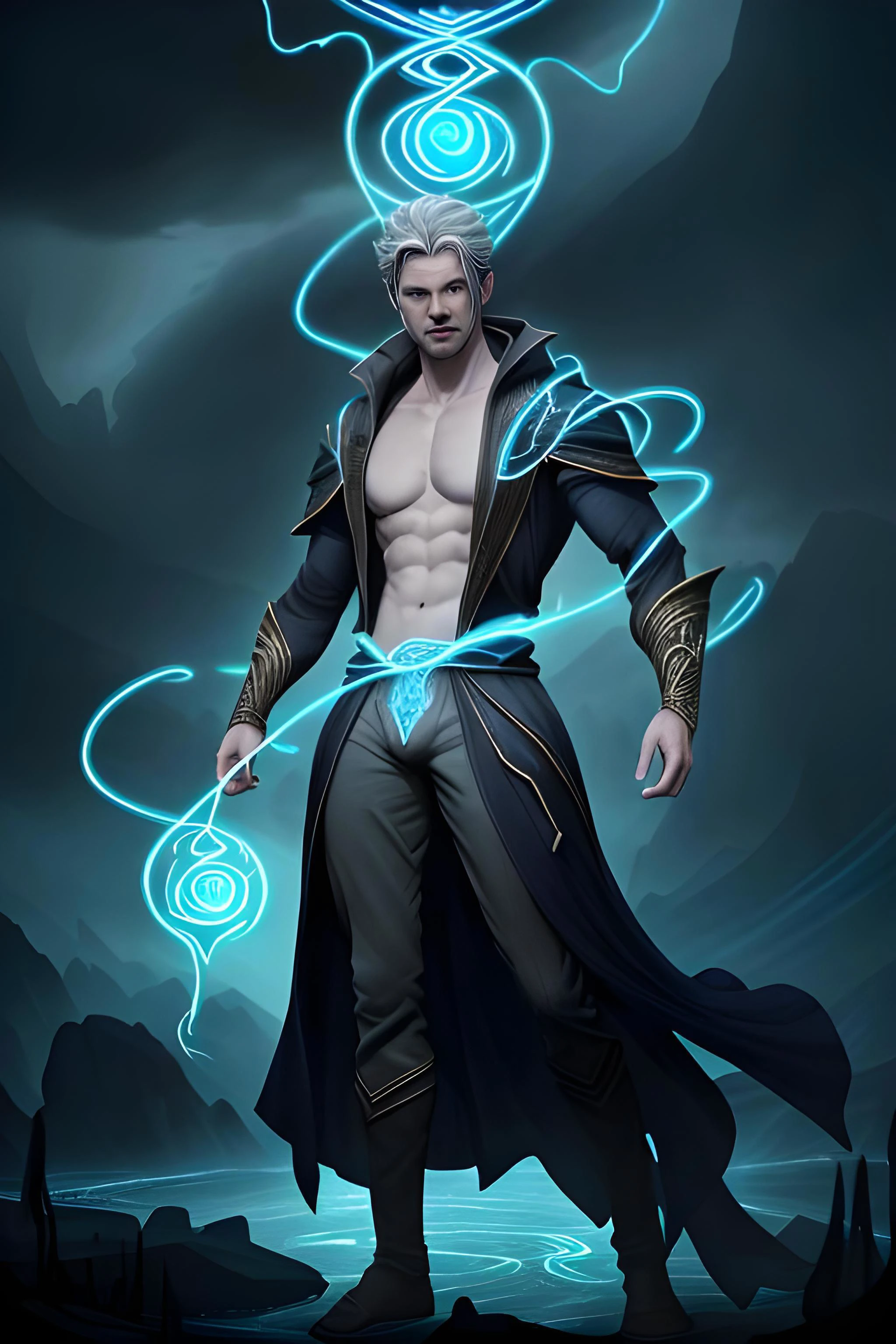 Full body portrait of a shirtless man, warlock casting epic magic, energyveins across his body in the shape of arcane runes, flowing lines of glowing magic surrounding him, with dark cloudy skies behind, masterpiece, hi def, accurate, beautiful, stunning artwork, Visual Novel, Detailed and Intricate, Evil