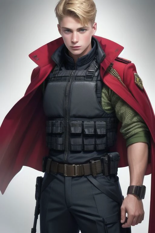 1 man, portrait of an 18-year-old blonde guy in a bulletproof vest and red overcoat, extremely detailed, highest detailed, masterpiece, best quality, high quality, highres, ultra highres, ultra details, finely detail,extremely detailed,real shadow, highly detailed