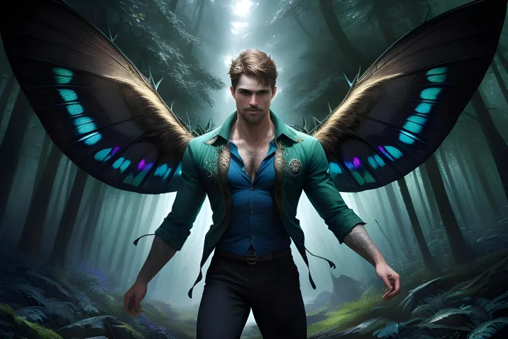 settingsdark Druid fairy with moth wings, cute man, male, handsome, open shirt, flowing energy, dark forest, epic scene, dynamic lighting, masterpiece, hi def, accurate, stunning, good, by Dan Mumford, Fantasy, Detailed and Intricate, by Dan Mumford, Fantasy, Detailed and Intricate