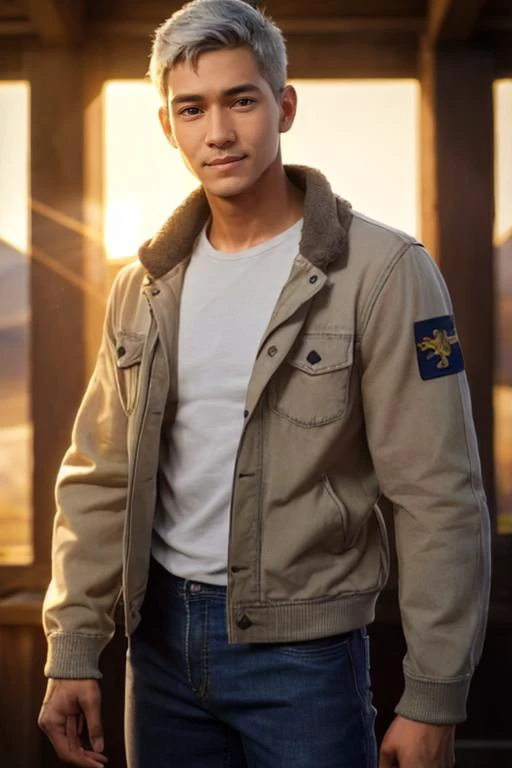 photo portrait of a Lanky 35 year old Swedish manly man with Medium complexion wearing a Beige Denim jacket, detailed clothes, textured clothes, Circular face, Short nose , (looking at the viewer:1.9), Grey hair, (small eyes:1.3), perfect eyes, Soulful eyes, Rounded eyebrows, eye lashes, small iris, closed lips, Angular cheeks, Chin with a pronounced angle, (perfect ears:0.7), (expressionless:0.8), Full lips, (smile:0.8), symmetrical, relaxed, natural skin, detailed skin, (freckles:0.2), (pores:0.2), outdoors, hdr, Studio quality, studio lighting, sharp focus, (diffuse light:1.3), (soft light:1.5), global illumination,
