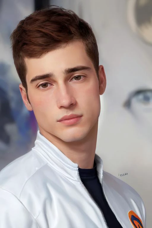 oil painting:1.3) style, portrait of the face of a Svelte 30 year old French man wearing a Cream Track jacket, Pear-shaped face, Turned-up nose , Auburn hair, Small eyes, Arched eyebrows, eye lashes, small iris, closed lips,Symmetrical cheeks, Strong chin, Plump lips,
Negative prompt: illustration, anime, cartoon, frame,