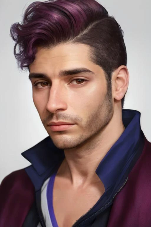 watercolor style portrait of the face of a Slender 30 year old Spanish man wearing a Indigo Vest, Circular face, Roman nose , Burgundy hair, Monolid eyes, Thick eyebrows, eye lashes, small iris, closed lips,Chiseled cheeks, Double chin, Prominent lower lip,