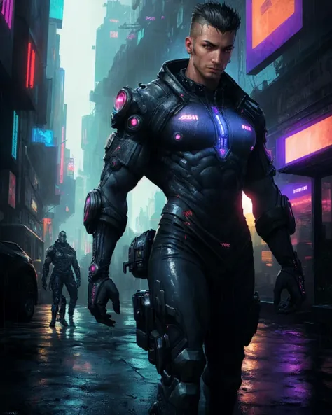 absurdres, masterpiece, highres, intricately detailed, (cyberpunk), a gay man, sexy, muscular, strutting outdoors, gorgeous eyes, detailed face, pouring rain, outdoors, global illumination, subsurface scattering,