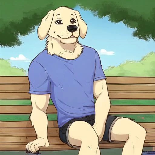 dog anthro, male dog anthro, high detail, lose shorts and tshirt, sitting on park bench, looking at viewer, photography, fit, pants, soft shading, detailed fur, realistic, [by kacey miyagami by personalami by devil-vox], by ghibli, soft shading, clahe, scurve, paper texture, muscular, film grain, low saturation, classical animation, pastel colors, fading, golden retriever, buff