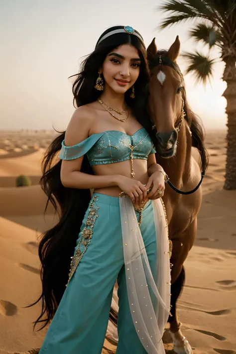 a 4k realistic photo of JasmineWaifu AND  Son4mK4p00r, smiling, aqua-blue arabian clothes, off-shoulder shirt, pants multi-tied hair, long hair jewelry red arabian clothes standing by an arabian horse in the desert, bokeh<lora:Jasmine_character:0.7>   <lora:epiCRealismHelper:1>