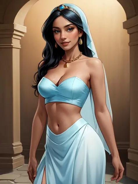 <lora:Jasmine_character:0.4>,disney,jasmine,1girl,solo,dark-skinned female,long black hair,jewelry,bare shoulders,exposed medium breasts,revealing cleavage,nipples,midriff,navel BREAK sexy light blue outfit,strapless,light blue veil BREAK looking at viewer seductively,full body shot,(cowboy shot:1.5),flirty smile,ancient persian palace background,outside ancient persian city background,(high quality, masterpiece,photorealistic:1.2),