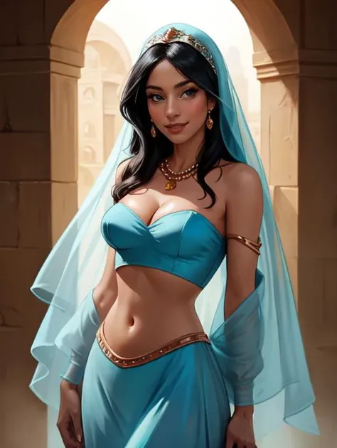 <lora:Jasmine_character:0.4>,disney,jasmine,1girl,solo,dark-skinned female,long black hair,jewelry,bare shoulders,exposed medium breasts,revealing cleavage,nipples,midriff,navel BREAK sexy light blue outfit,strapless,light blue veil BREAK looking at viewer seductively,full body shot,(cowboy shot:1.5),flirty smile,ancient persian palace background,outside ancient persian city background,(high quality, masterpiece,photorealistic:1.2),