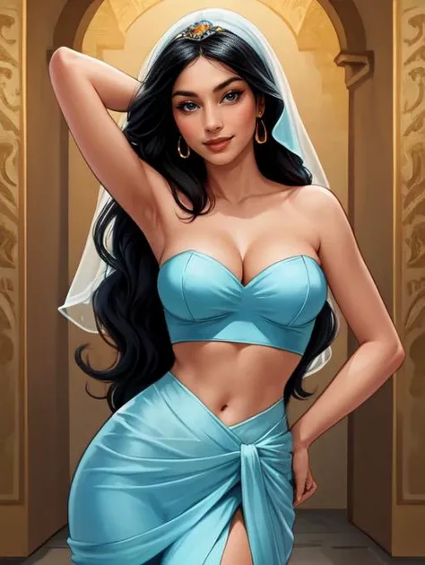 disney,jasmine,1girl,solo,dark-skinned female,long black hair,jewelry,bare shoulders,exposed medium breasts,revealing cleavage,nipples,midriff,navel BREAK sexy light blue outfit,strapless,light blue veil BREAK looking at viewer seductively,full body shot,(cowboy shot:1.5),flirty smile,ancient persian palace background,outside ancient persian city background,(high quality, masterpiece,photorealistic:1.2),