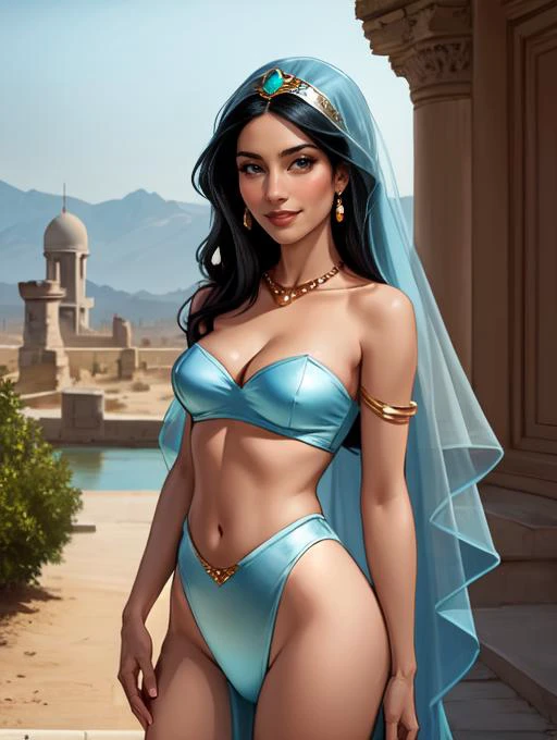 <lora:Jasmine_character:0.4>,disney,jasmine,1girl,solo,dark-skinned female,long black hair,jewelry,bare shoulders,exposed medium breasts,revealing cleavage,nipples,midriff,navel BREAK sexy light blue outfit,strapless,light blue veil BREAK looking at viewer seductively,full body shot,(cowboy shot:1.5),flirty smile,ancient persian palace background,outside ancient persian city background,(high quality, masterpiece,photorealistic:1.2),