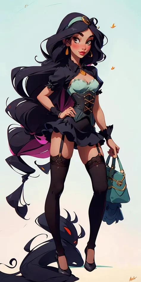 (best quality), (masterpiece), 1girl, small breasts, black corset, lace skirt, garter belt, black legwear, old library, <lora:Jasmine_character-20:0.4>, arabian girl, colorful, curvy, thighhighs, sexy pose, hires, high resolution,