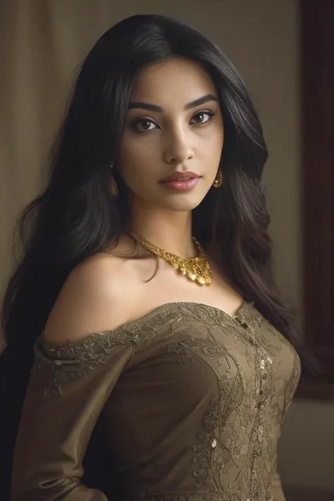 Portrait of 1 young 20yo woman, black hair, wearing colorful dress, perfect eyebrow, perfect lips, perfect nose, professional color graded, wonderful woman, cute afghan woman, sharp focus, long hair. Gold dress