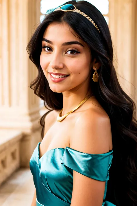 JasmineWaifu, <lora:Jasmine_character:0.6>, (21 years old), long hair, smiling, modern photo, (cowboy shot:1.3), (turquoise arabian clothes, off-shoulder, silk), (light skin:1.3), (multi-tied hair, long hair), (35mm, F/2.8) Photo Focus, DOF, Aperture, insanely detailed and intricate, character, hypermaximalist, beautiful, revealing, appealing, attractive, amative, hyper realistic, super detailed, beautiful girl, ((detailed eyes)), long eyelashes, (glossy lips), modelling in a arabian palace