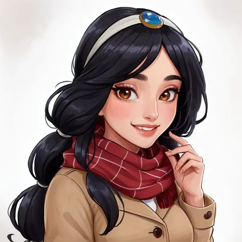 intricate details, masterpiece, absurdres, best quality,detailed faces and eyes, ((1girl, solo girl)),JasmineWaifu, young, winter jacket, scarf, medium_breasts, brown_eyes, multi-tied hair, smile, long hair, <lora:jasmineAladdinDisney_v10:0.6>