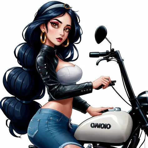intricate details, masterpiece, absurdres, best quality,detailed faces and eyes, ((1girl, solo girl)),JasmineWaifu, young, gothic makeup, leather biker jacket, on a motorcycle, jeans, medium_breasts, multi-tied hair, long hair, <lora:jasmineAladdinDisney_v10:0.6>