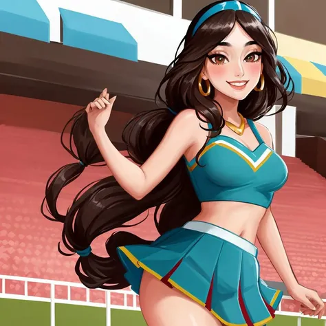intricate details, masterpiece, absurdres, best quality,detailed faces and eyes, ((1girl, solo girl)),JasmineWaifu, young, cheerleader costume, medium_breasts, brown_eyes, multi-tied hair, smile, long hair, <lora:jasmineAladdinDisney_v10:0.6>