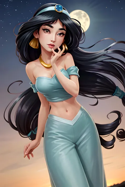 1 girl, solo, looking viewer, dynamic pose, orientale medieval city, ((silk_clothes)), JasmineWaifu, young, arabian clothes, off-shoulder shirt, blue pants,multi-tied hair, long hair, <lora:Jasmine_character-20:0.8>, (((anime))),masterpiece, best quality, intricate details, 8k uhd, perfect face, perfect eyes