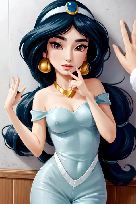 1 girl, solo, looking viewer, dynamic pose, orientale medieval city, ((silk_clothes)), JasmineWaifu, young, arabian clothes, off-shoulder shirt, blue pants,multi-tied hair, long hair, <lora:Jasmine_character-20:0.8>, (((anime))),masterpiece, best quality, intricate details, 8k uhd, perfect face, perfect eyes, 1girl and 1boy, kabedon pov,<lora:kabedonPOV_1girlAnd1boyKabedon:0.8>,against a wall
