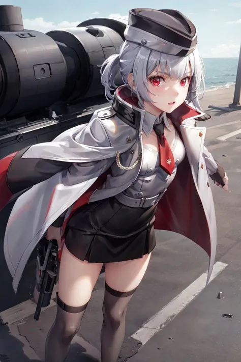 1girl, (small breasts), (red eyes:1.2), from below, looking at viewer,
<lora:TransformersMegatronG:0.7>, TFMTG, black legwear, miniskirt, silver hair, garrison cap
RAW photo, (best quality:1.3), high resolution, (masterpiece), (photorealistic:1.3), professional photography, sharp focus, HDR, 8K resolution, intricate detail, extremely detailed CG unity 8k wallpaper, solo, (realistic skin), cape, jacket on shoulders, (arms under jacket), military tank in background