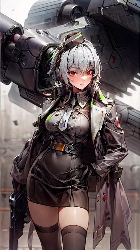 RAW photo, (best quality:1.3), high resolution, (masterpiece), (photorealistic:1.4), professional photography, sharp focus, HDR, 8K resolution, intricate detail, extremely detailed CG unity 8k wallpaper, solo, (realistic skin), TFMTG, (naturally sagging enormous breasts), 1girl, black legwear, miniskirt, silver hair, garrison cap, cape, <lora:TransformersMegatronG:1>, jacket on shoulders, (arms under jacket), (red eyes:1.2), (military, gun, weapon), (trigger discipline),