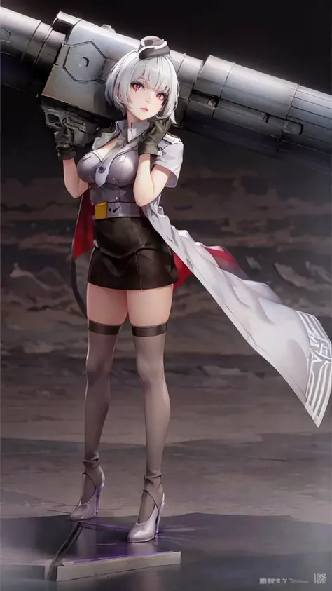 RAW photo, (best quality:1.3), high resolution, (masterpiece), (photorealistic:1.4), professional photography, sharp focus, HDR, 8K resolution, intricate detail, extremely detailed CG unity 8k wallpaper, solo, (realistic skin), TFMTG, (naturally sagging enormous breasts), 1girl, black legwear, miniskirt, silver hair, garrison cap, cape, <lora:TransformersMegatronG:1>, jacket on shoulders, (arms under jacket), (red eyes:1.2), (military, gun, weapon), (trigger discipline), dynamic pose, dynamic angle,