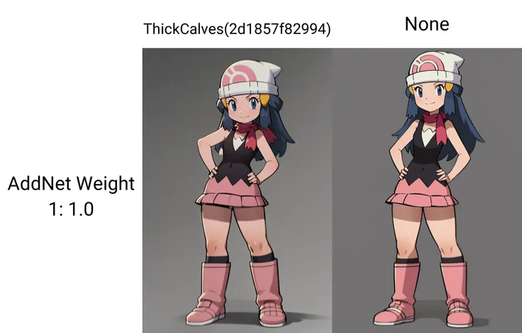 masterpiece, best quality, 1girl, dawn \(pokemon\), beanie, long hair, blue hair, blue eyes, black sleeveless shirt, pink scarf, pink skirt, pink boots, (thick calves), hands on hips, smile, looking at viewer, solid grey background <lora:Dawn:1>