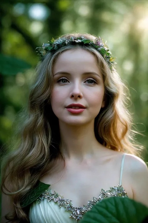 JulieD_SoloTI_v1,
(In a playful ensemble of pastel-colored petals and leaves, with sparkling fairy dust adorning her hair and delicate wings shimmering in the sunlight, for a whimsical and innocent look), (Amidst a sunlit glade in the heart of an enchanted forest, where dewdrops glisten on emerald leaves and the laughter of woodland creatures fills the air, a sense of magic and mischief surrounds the fledgling fairy:1.3), (seductive:1.3),(analog, cinematic, film grain, hazy atmosphere, cinematic shot:1.3),
<lora:add_detail:0.6>, PA7_Portrait-MCU,