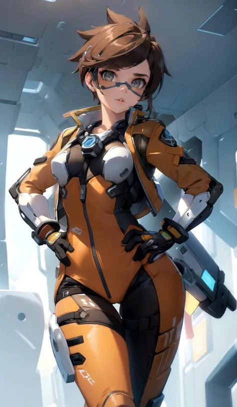 TracerOver, 1 girl, marker (watch), standing alone, orange glasses, chestnut hair, glasses, shorth hair, spiky hair, eyes browns, trunk, to enjoy, jaket, bomber jaket, ssmile, gazing at viewer, May, shirtless, bangss, parted lips, teeths, leathery, lips, brown jaket, leathery jaket, focus on ass
