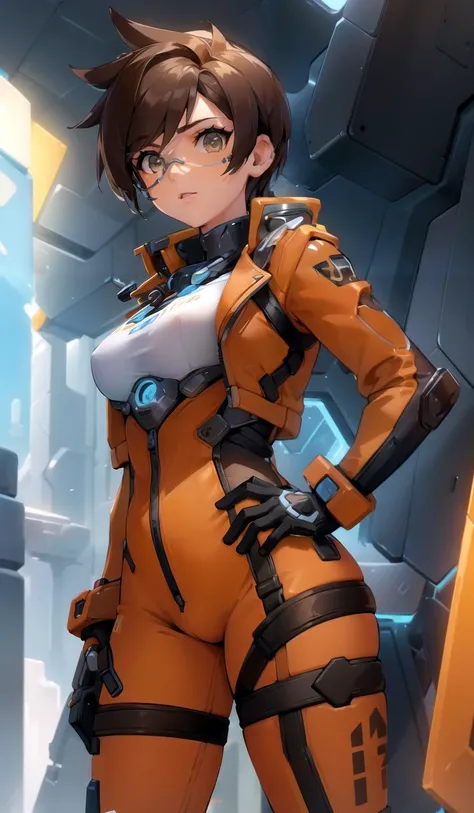 (masterpiece), (best quality),
solo, 1girl,
tracerover, brown hair, spiked hair, short hair, jacket, bodysuit,<lora:TracerOver:0.7>