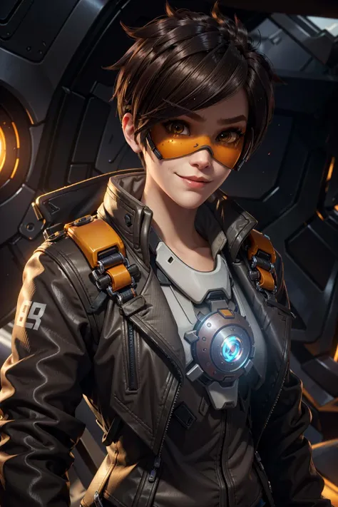 TracerOver, 1girl, tracer (overwatch), solo, orange goggles, brown hair, goggles, short hair, spiked hair, brown eyes, upper body, harness, jacket, bomber jacket, smile, looking at viewer, bodysuit, chest harness, bangs, parted lips, teeth, leather, lips, brown jacket, leather jacket, piercing
<lora:epi_noiseoffset2:1>, <lora:TracerOver:0.7>
