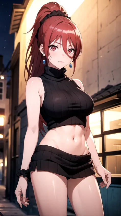 (masterpiece, best quality:1.2), maya1hit, 1girl, red hair, long hair, ponytail, hair between eyes, scrunchie, red eyes, jewelry, earrings, large breasts, sweater, navel, sleeveless, cowboy shot, city, summer, night,  <lora:mayav7:0.8>