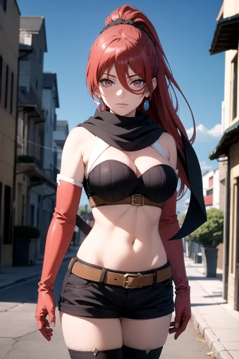 maya1hit, 1girl, red hair, long hair, ponytail, hair between eyes, scrunchie, red eyes, jewelry, earrings, large breasts, cleavage, scarf, black scarf, midriff, navel, gloves, elbow gloves, belt, shorts, short shorts, black shorts, thighhighs, boots, film grain, chromatic aberration, city, masterpiece, best quality, raw photo, photorealistic, absurdres, beautiful girl, perspective, cowboy shot, highres, ultra detailed, detailed eyes and face, summer, night,   <lora:mayav7:0.8>