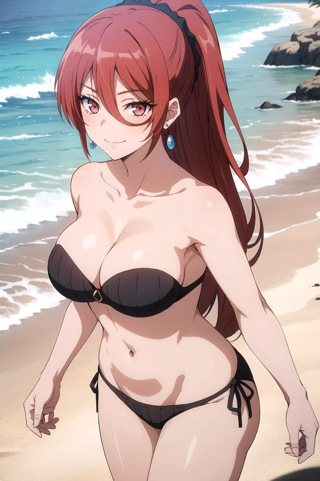 (masterpiece, best quality), intricate details, maya1hit, 1girl, red hair, long hair, ponytail, hair between eyes, scrunchie, red eyes, earrings, large breasts, collarbone, swimsuit, bikini, navel, black bikini, strapless, bare shoulders, smile, cowboy shot, beach, sand, groin, <lora:mayav7:0.8>