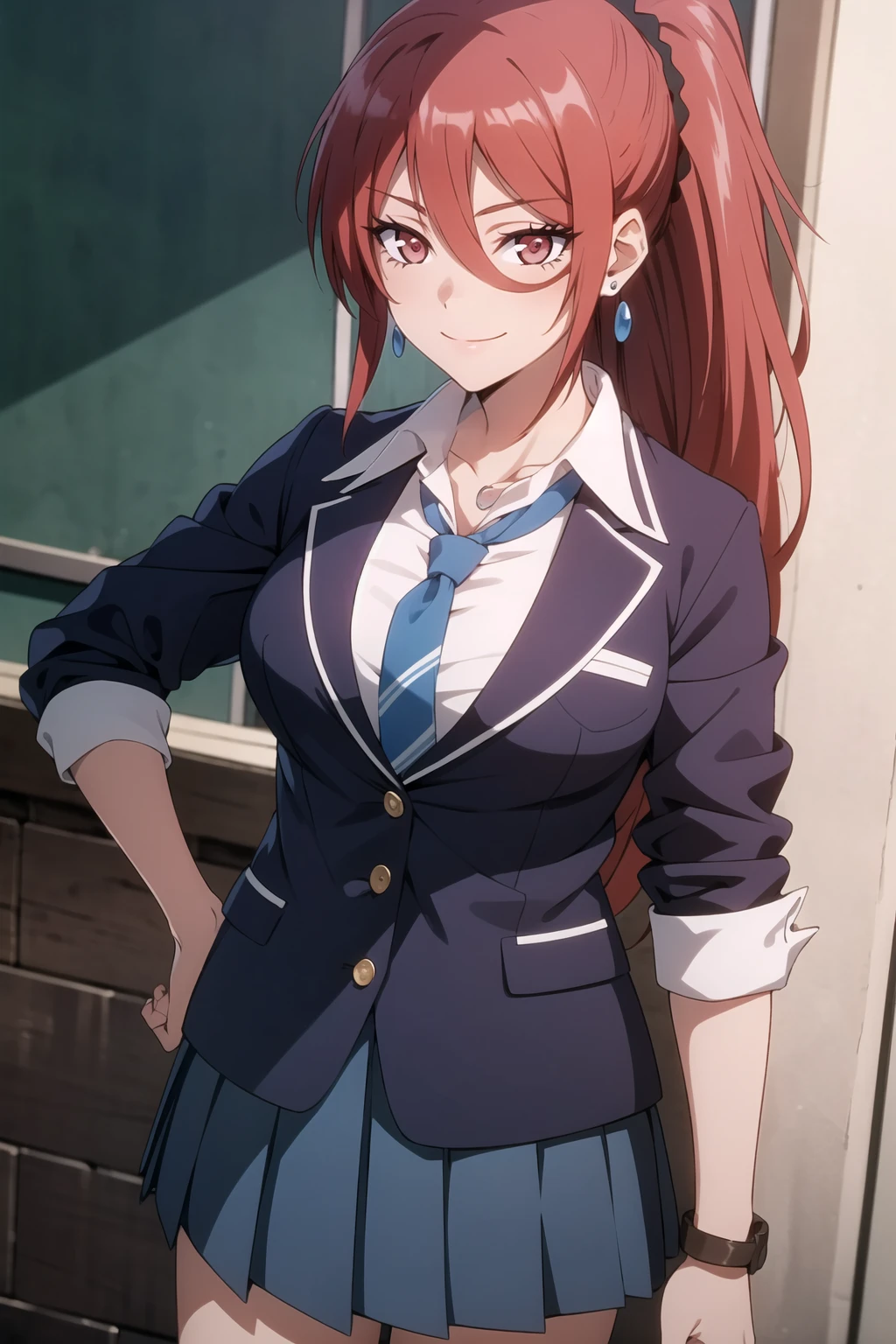 (masterpiece, best quality), intricate details, maya1hit, 1girl, red hair, long hair, ponytail, hair between eyes, scrunchie, red eyes, jewelry, earrings, large breasts, collarbone, school uniform, shirt, white shirt, collared shirt, blazer, necktie, skirt, blue skirt, pleated skirt, smile, cowboy shot, <lora:mayav7:0.8>