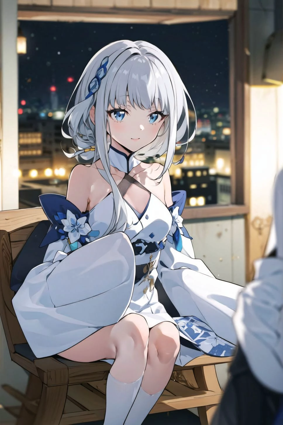 1girl, looking at viewer, <lora:guizhongGenshinImpact_guizhongv1:1>, hair_ornament, dress, bangs, bare_shoulders, blue_eyes, gradient, oversized sleeves, puffy sleeves, (white sleeves:1.3), white shirt, white dress, silver hair, white hair, chest, elegance, elegant look, intimate, delicate, (smile:0.7)
blurry background, bokeh, blurry, bloom,
<lora:t7s-style-v1.0:1.1> <lora:animeStyleLoraWith_bfcsimplifierTest:0.4>