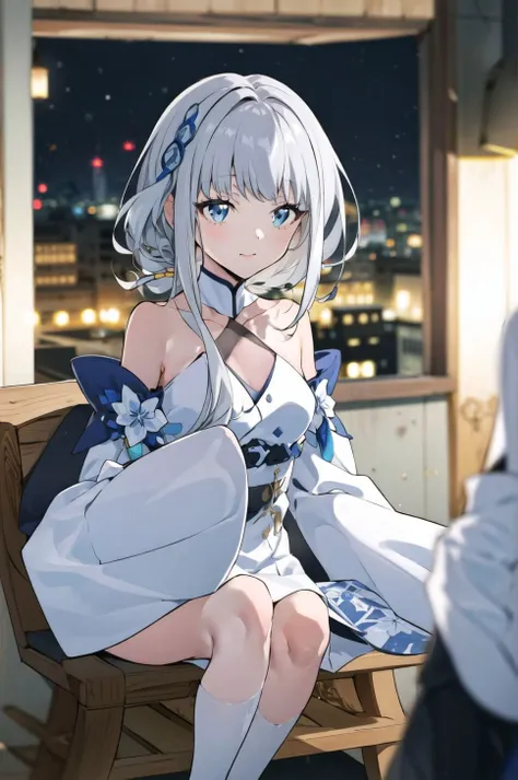 1girl, looking at viewer, <lora:guizhongGenshinImpact_guizhongv1:1>, hair_ornament, dress, bangs, bare_shoulders, blue_eyes, gradient, oversized sleeves, puffy sleeves, (white sleeves:1.3), white shirt, white dress, silver hair, white hair, chest, elegance, elegant look, intimate, delicate, (smile:0.7)
blurry background, bokeh, blurry, bloom, 
   <lora:t7s-style-v1.0:1.1> <lora:animeStyleLoraWith_bfcsimplifierTest:0.4>